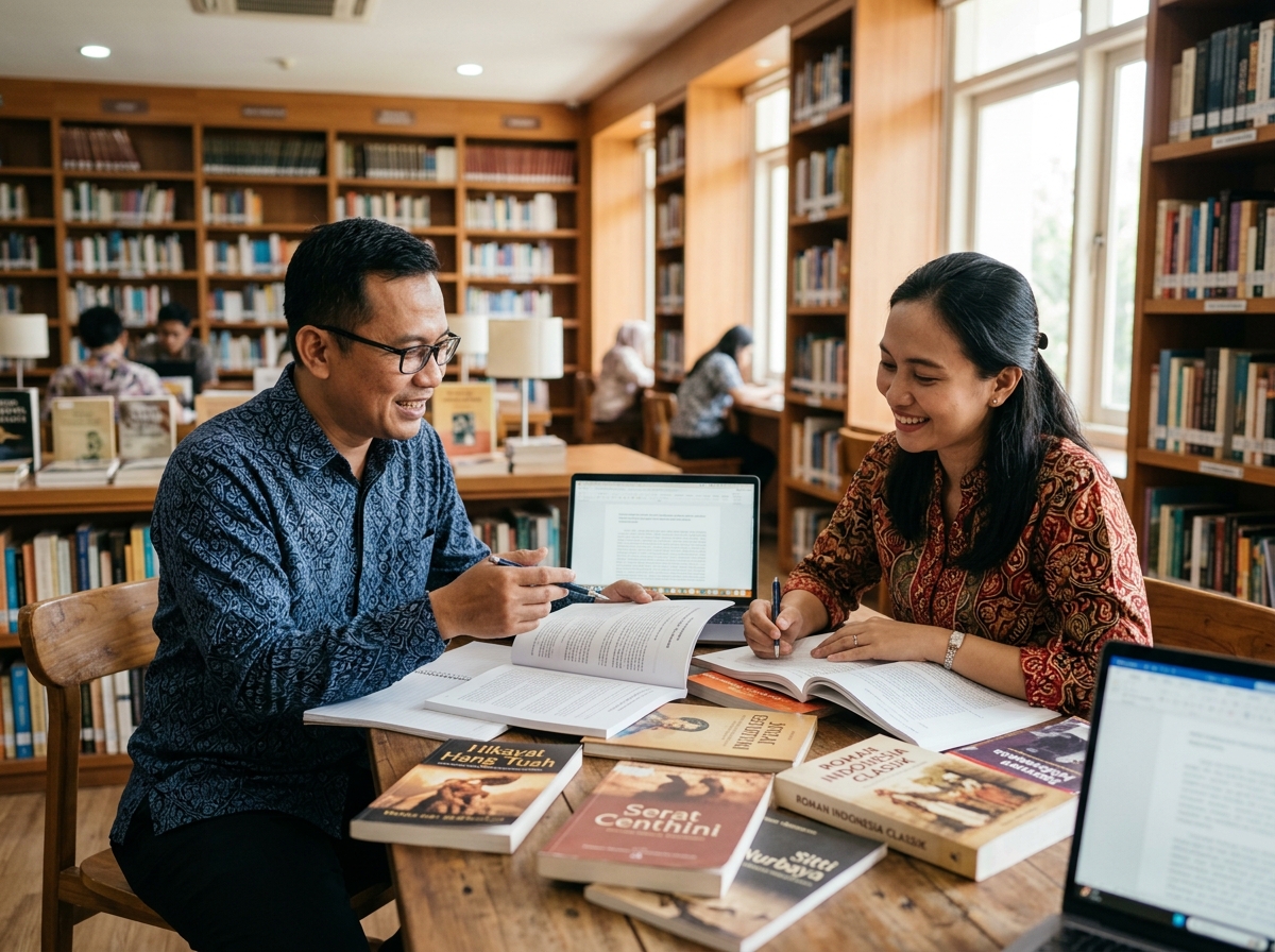 Pendidik Bahasa dan Sastra Indonesia memegang buku pengantar sastra di perpustakaan